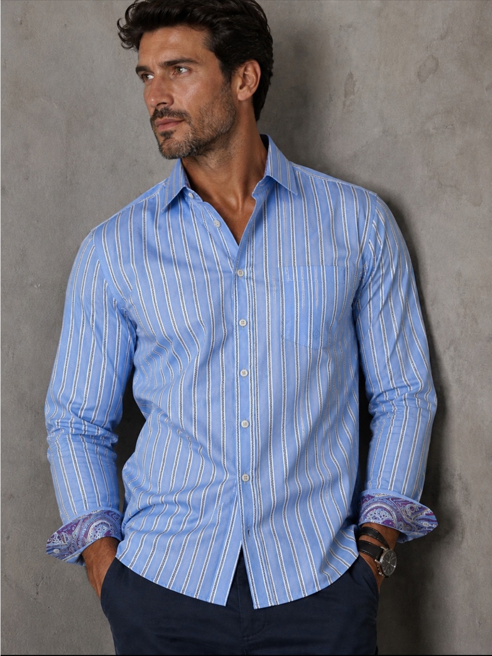 Bugatchi Uomo Men's XL Blue Striped Paisley Trim Button Front Shirt 100% Cotton